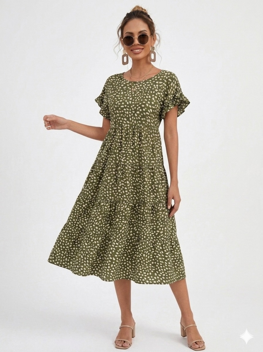 Women's Polka Dot Print High-Waist Ruffle Hem Smock Dress